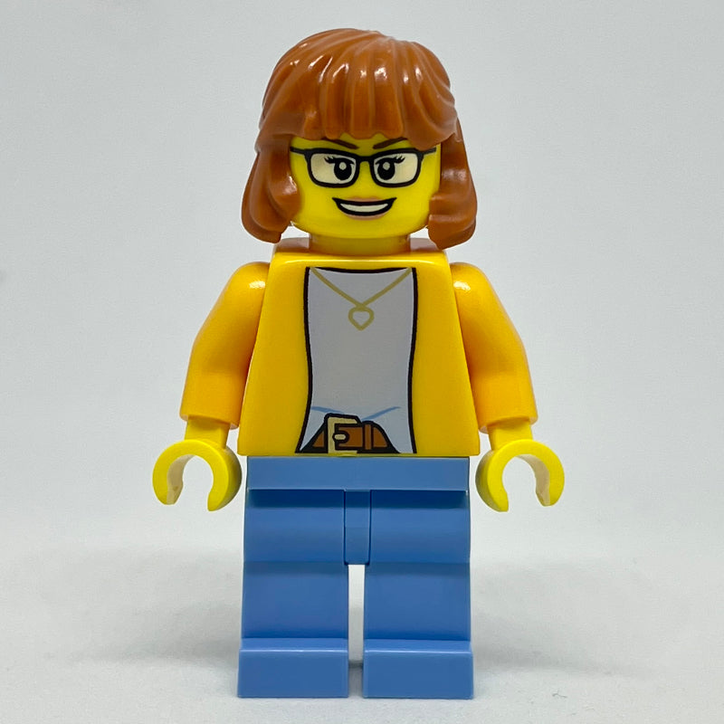 fig-012764 – Woman, Bright Light Orange Torso, Medium Blue Legs, Long Dark Orange Hair