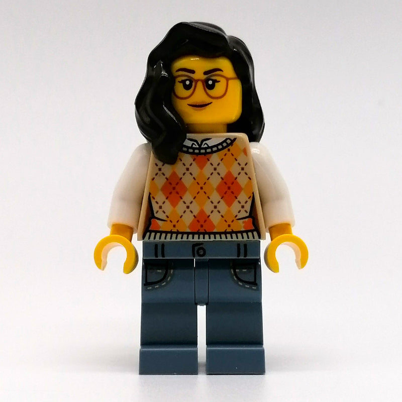 fig-012769 – Woman, Argyle Sweater, Sand Blue Legs