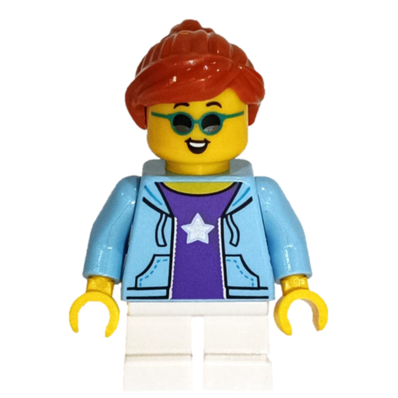 fig-012776 – Girl, Bright Light Blue Jacket, Short White Legs, Sunglasses