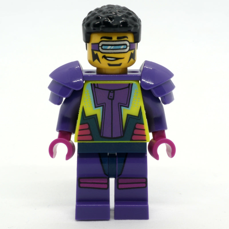 fig-012777 – Stunt Rider, Vibrant Yellow and Dark Purple Jumpsuit, Visor
