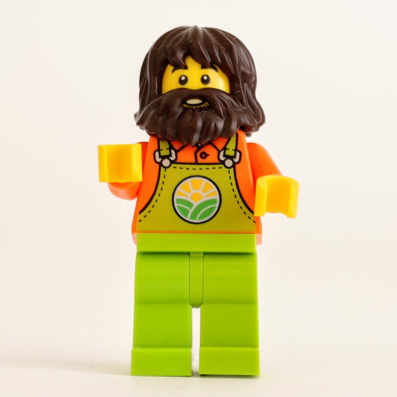 fig-012781 – Farmer, Man, Lime Overalls, Dark Brown Hair and Beard