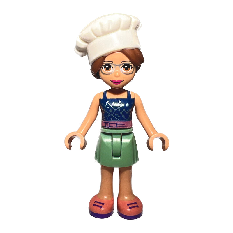 fig-012795 – Olivia - Dark Blue Top, Sand Green Skirt, Chef's Hat