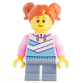 fig-012799 – Girl, Bright Pink Hoodie, Short Sand Blue Legs