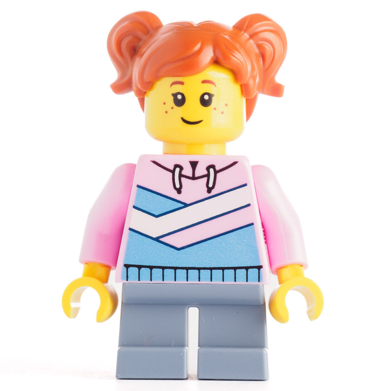 fig-012799 – Girl, Bright Pink Hoodie, Short Sand Blue Legs