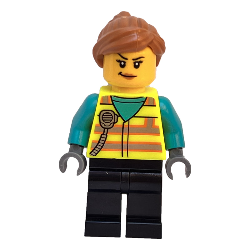 fig-012803 – Woman, Vibrant Yellow Safety Vest, Black Legs