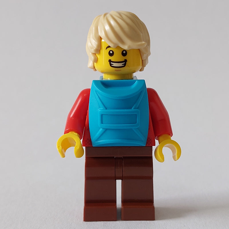 fig-012810 – Man, Red Plaid Shirt, Reddish Brown Legs, Tan Hair, Backpack on Front