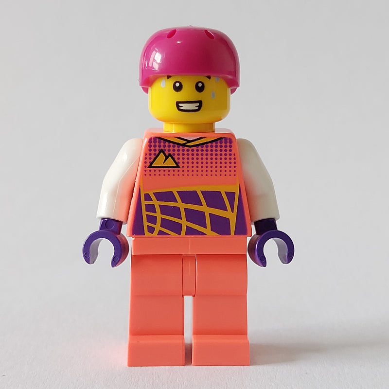 fig-012813 – Cyclist, Coral Racing Suit, Magenta Bike Helmet