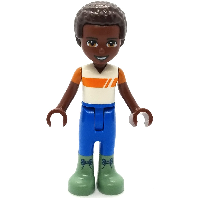 fig-012819 – Elijah - White/Orange Shirt, Blue Pants, Dark Brown Hair