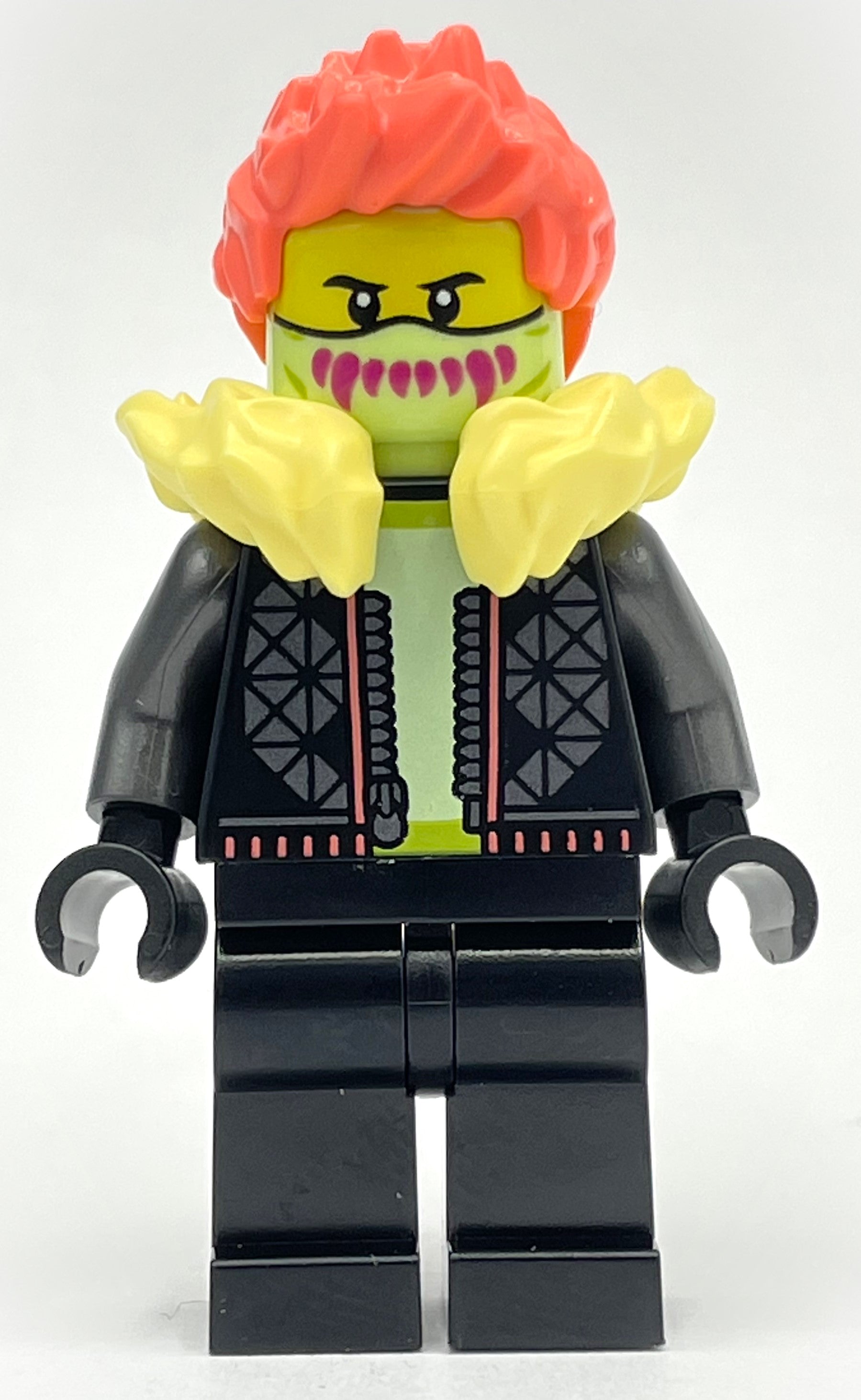fig-012845 – Black Torso, Black Legs, Bright Light Yellow Fur Collar, Coral Hair