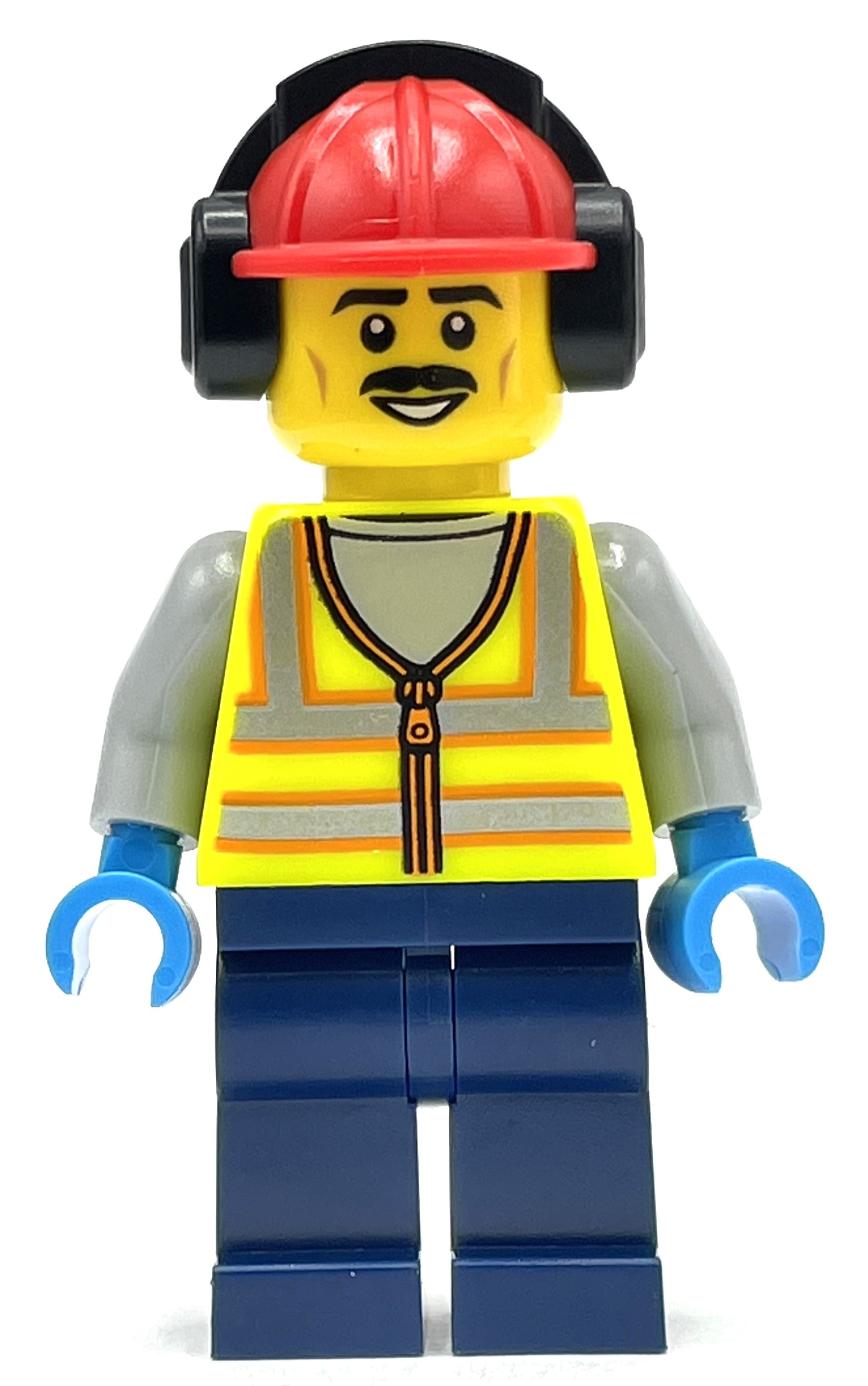 fig-012846 – Vibrant Yellow Safety Vest, Dark Blue Legs, Red Hat