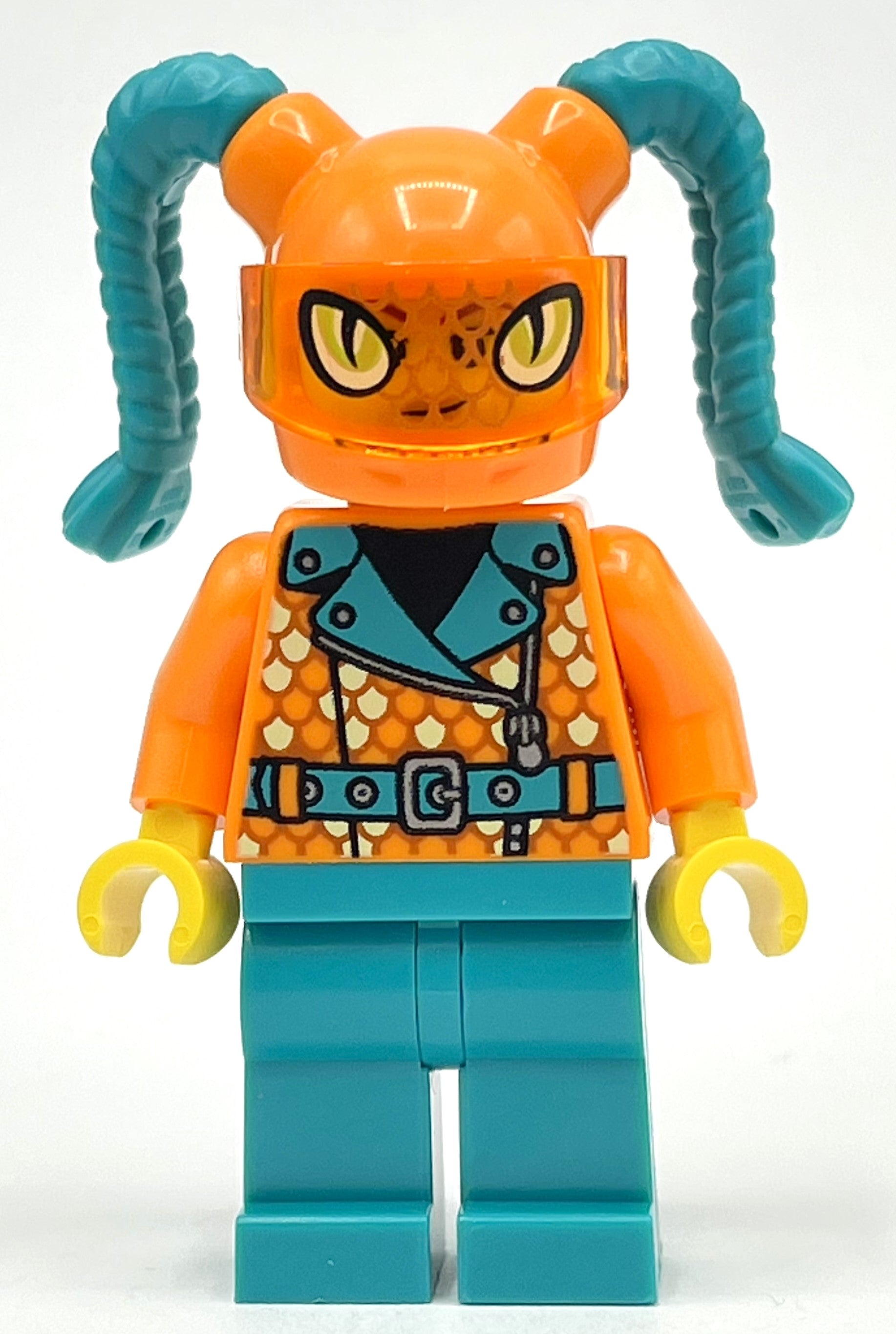 fig-012850 – Orange Torso, Dark Turquoise Legs, Orange Helmet with Dark Turquoise Braids