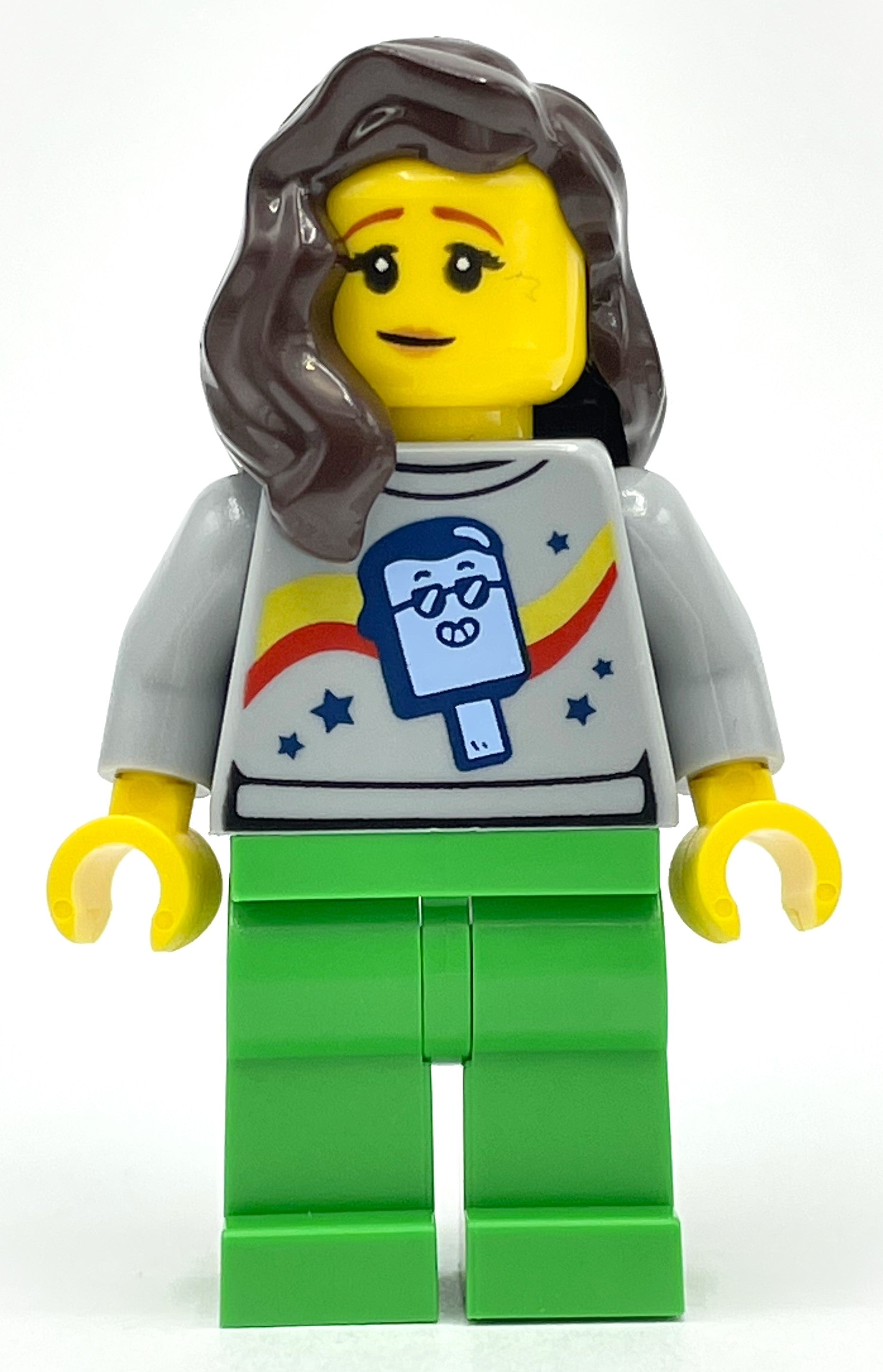 fig-012851 – Light Bluish Grey Torso, Bright Green Legs, Dark Brown Hair
