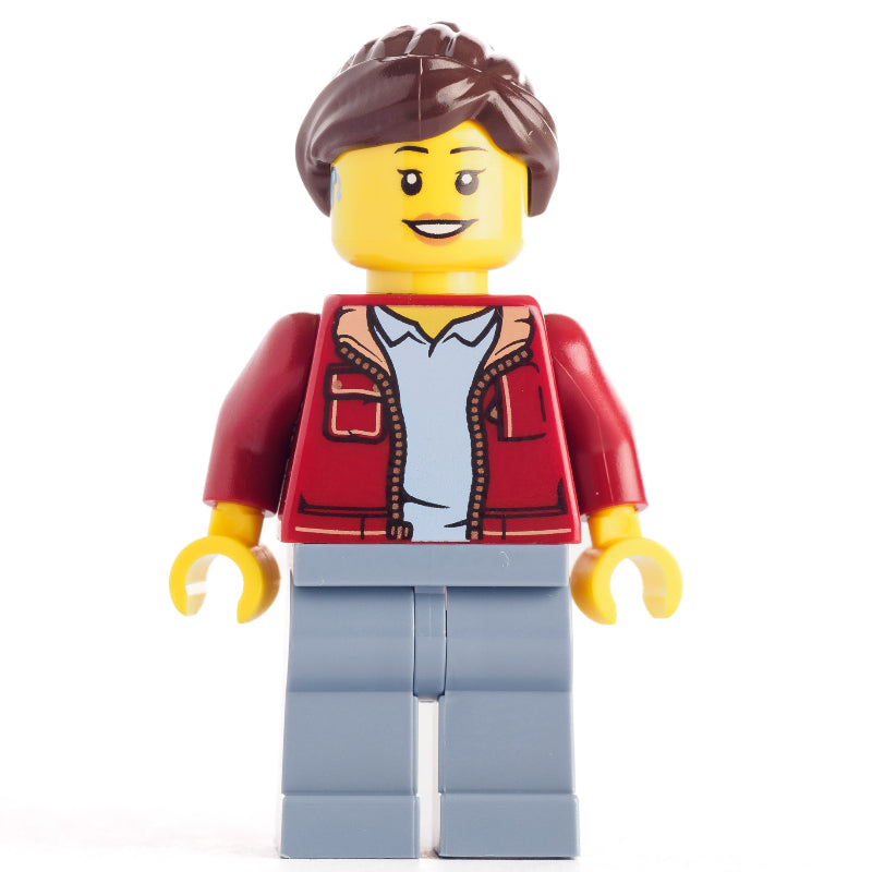 fig-012864 – Dark Red Torso, Sand Blue Legs, Dark Brown Hair, Hearing Aid