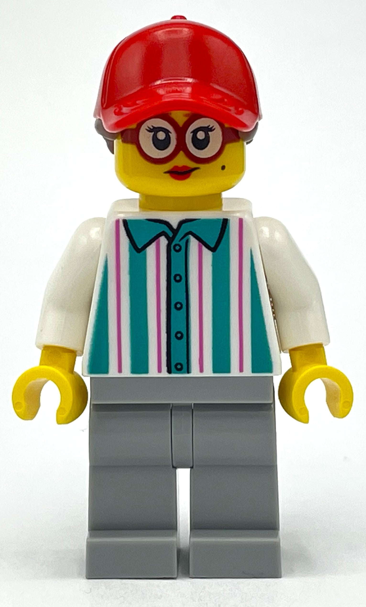 fig-012872 – White/Dark Turquoise Torso, Light Bluish Grey Legs, Red Cap with Reddish Brown Hair