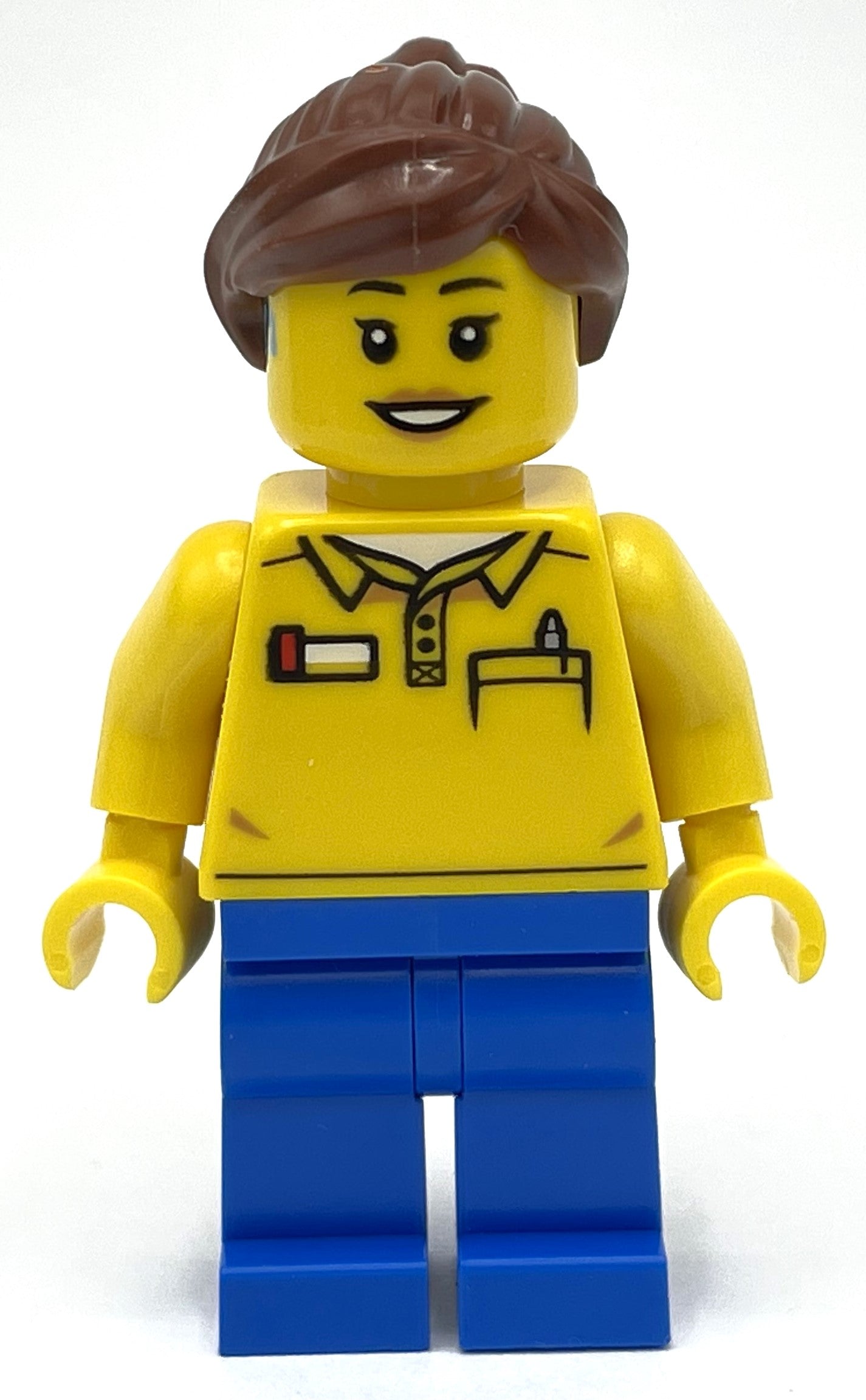 fig-012879 – LEGO Employee, Yellow Torso, Blue Legs, Reddish Brown