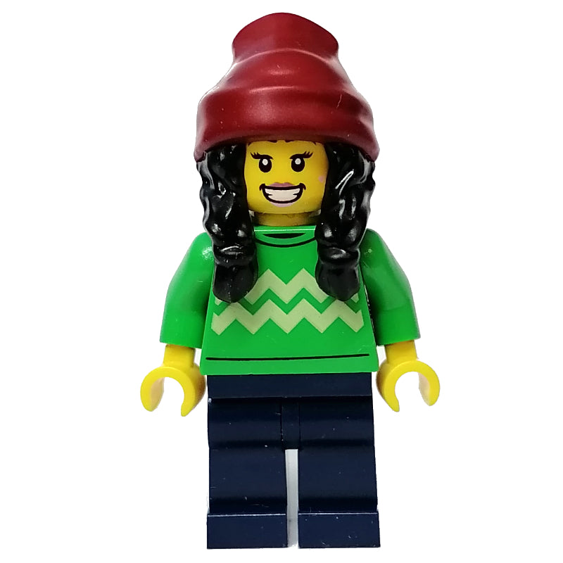 fig-013148 – Bright Green Torso, Dark Blue Legs, Dark Red Beanie, Black Hair