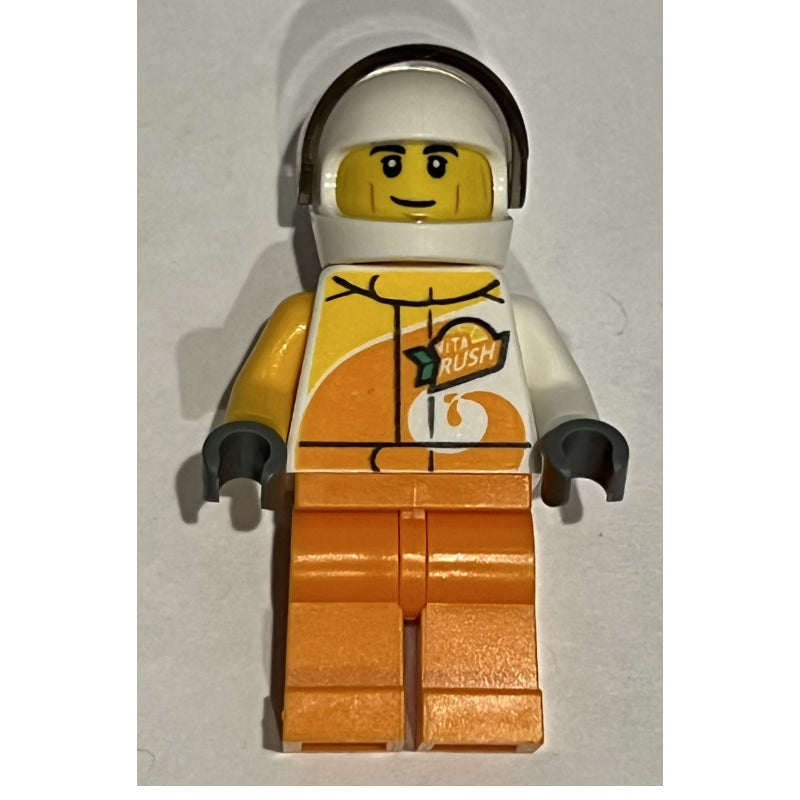 fig-013181 – Racer, White and Orange Jumpsuit with 'VITA RUSH', White Helmet with Visor (3626cpr3025 Head)
