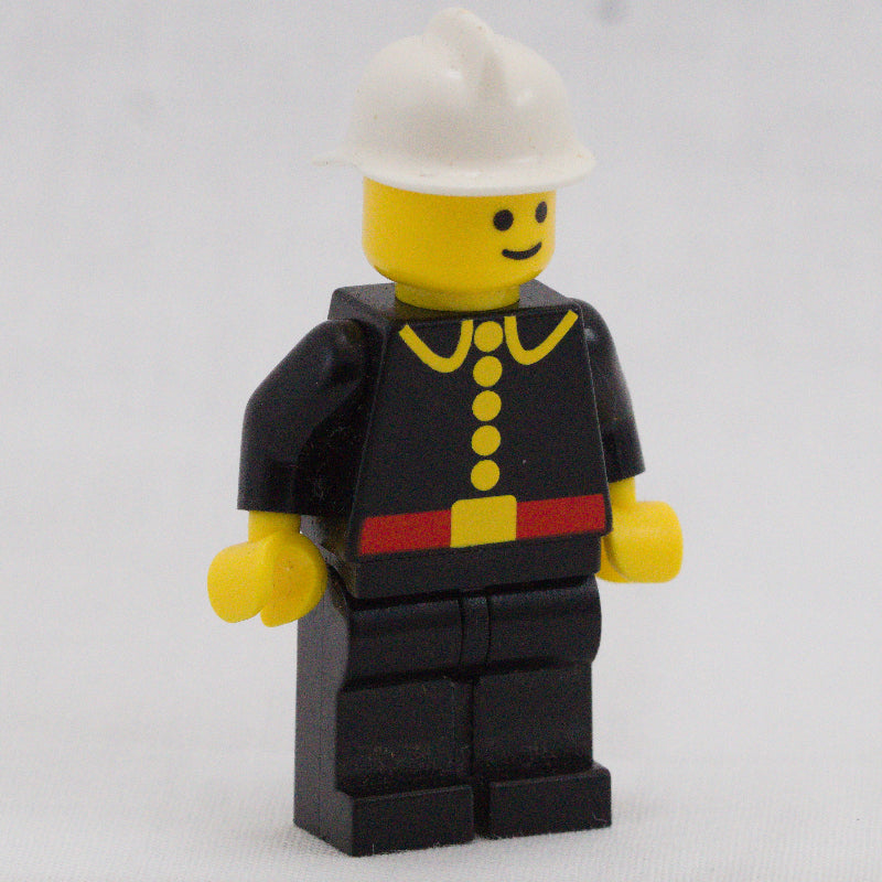 fig-013211 – Fireman, Classic, Black Fire Jacket with Red Belt and Buttons, White Helmet (Re-issue Torso)