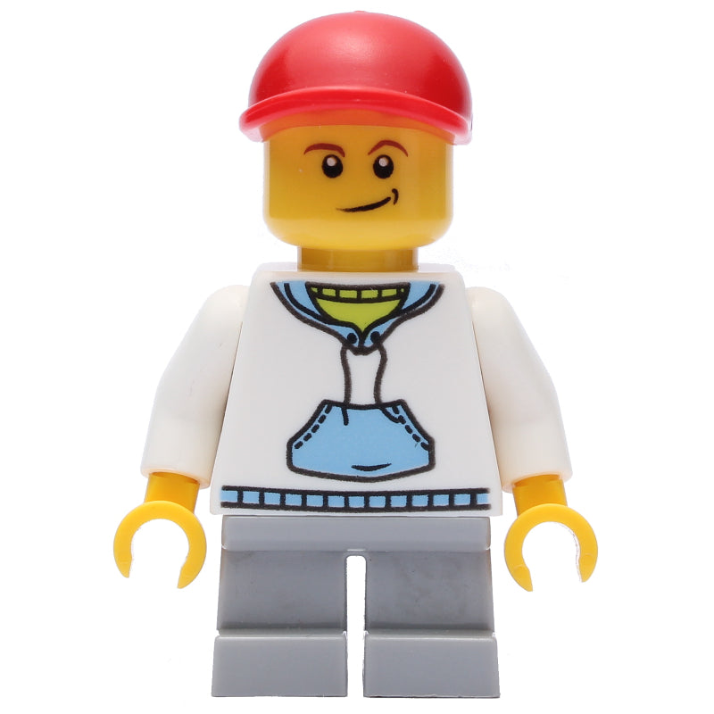 fig-013212 – Boy, White and Blue Hoodie, Short Light Bluish Gray Legs, Red Cap (3626c Head)