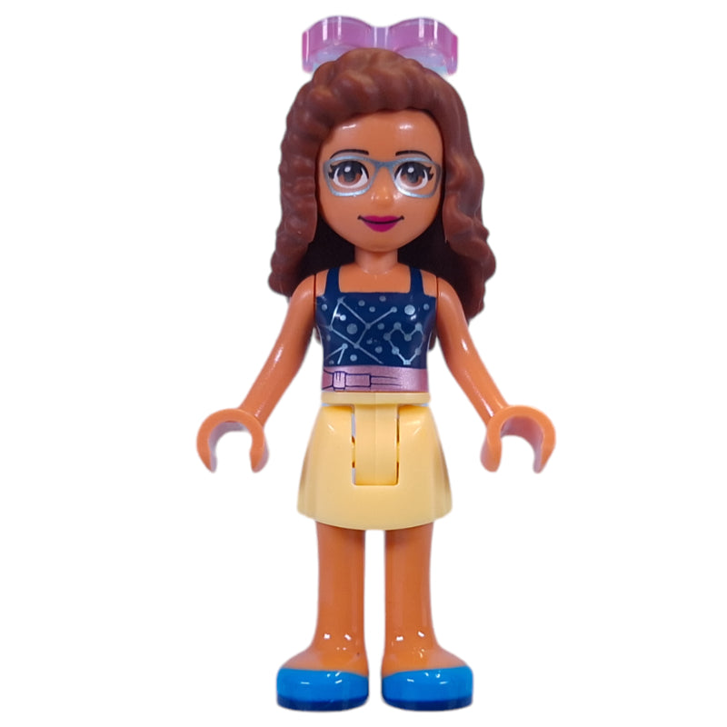 fig-013218 – Olivia - Dark Blue Top, Bright Light Yellow Skirt, Glasses