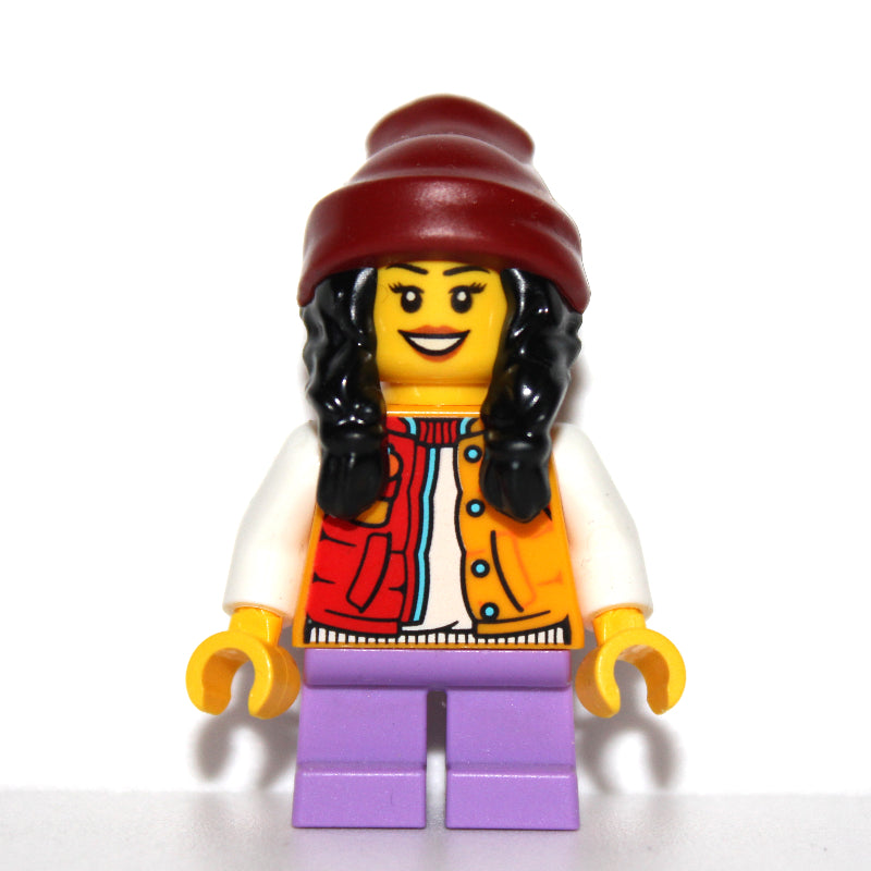 fig-013233 – Kid - Orange Torso, Medium Lavender Legs, Black Hair, Dark Red Beanie