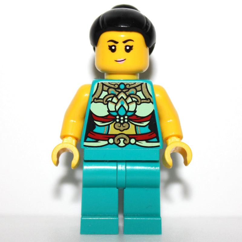 fig-013237 – Dark Turquoise Torso, Chinese Decorations, Dark Turquoise Legs, Black Hair Bun