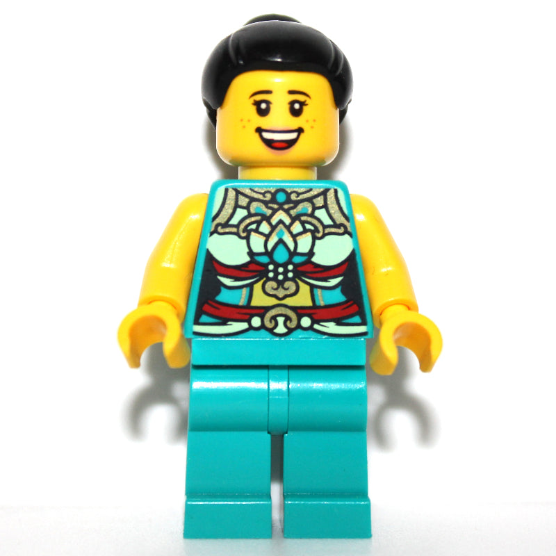 fig-013238 – Dark Turquoise Torso, Chinese Decorations, Dark Turquoise Legs, Black Hair Bun