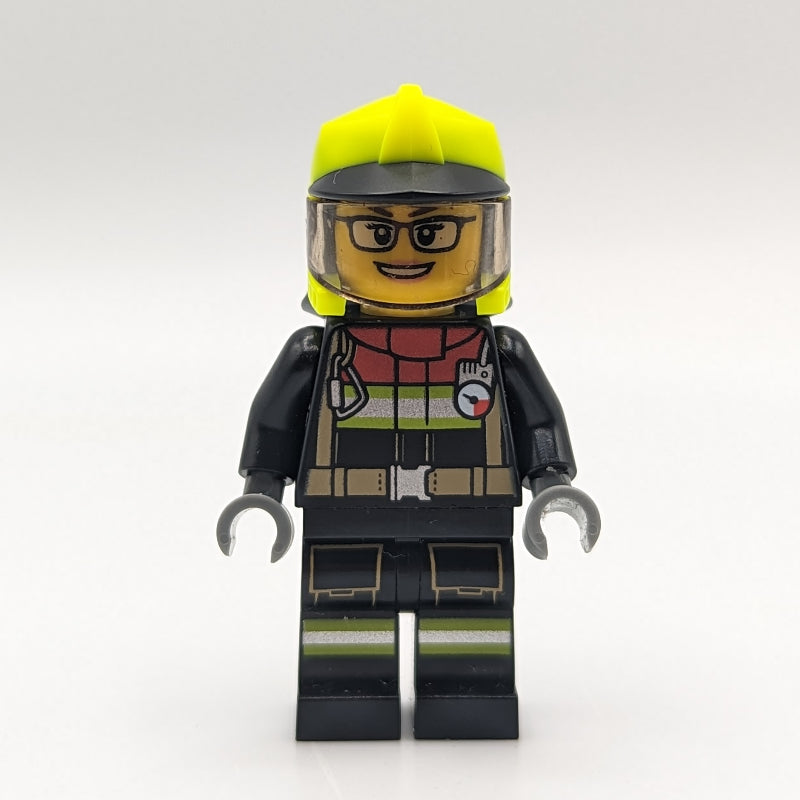 fig-013315 – Firefighter, Black Suit, Vibrant Green Helmet with Visor, Glasses