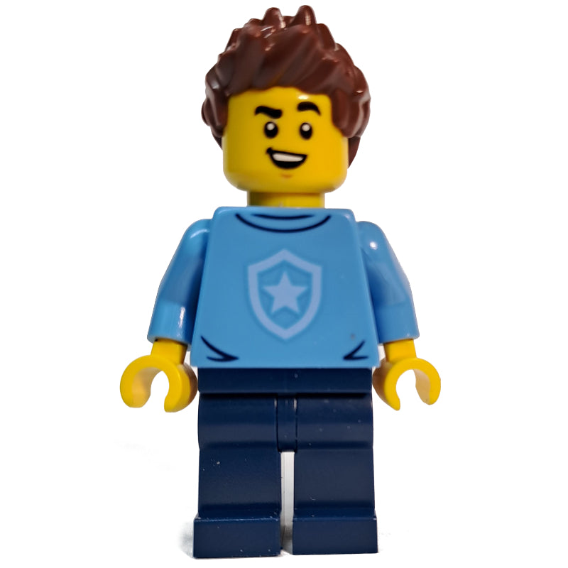 fig-013318 – Police Officer, Sweater with Police Badge, Spiked Reddish Brown Hair