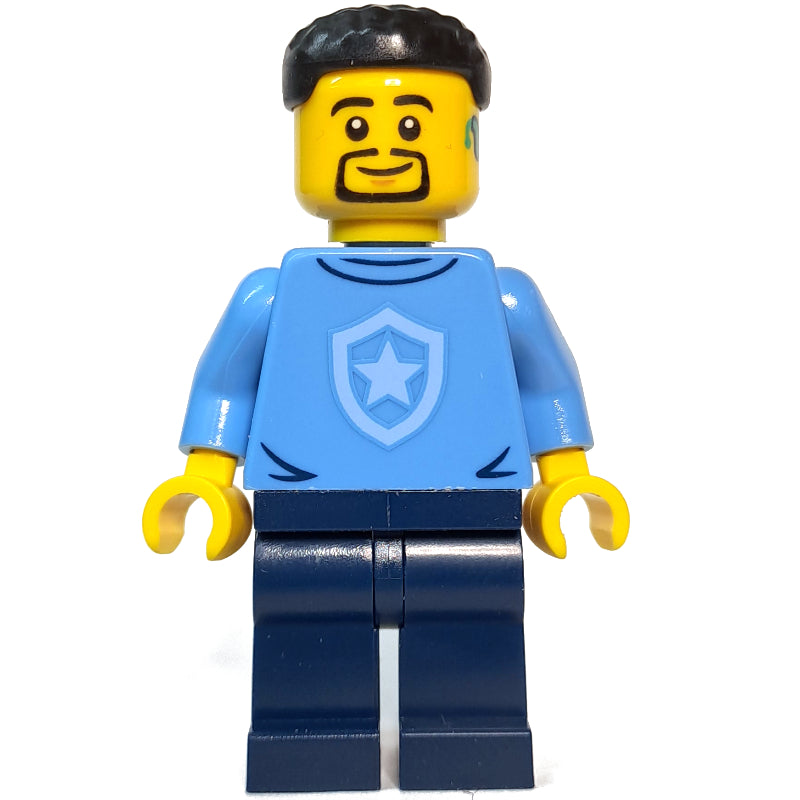 fig-013320 – Police Officer, Sweater with Police Badge, Black Hair, Goatee and Hearing Aid