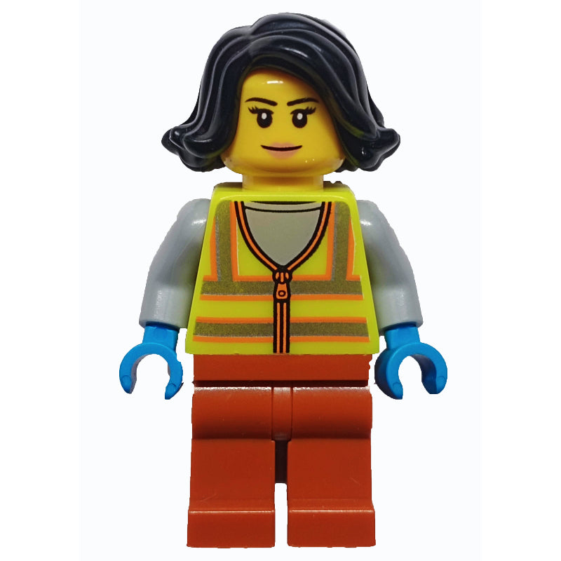 fig-013323 – Woman, Vibrant Yellow Safety Vest, Dark Orange Legs, Black Hair