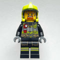 fig-013335 – Firefighter, Black Fire Suit with Red Flashlight, Vibrant Yellow Helmet