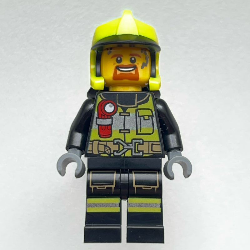 fig-013335 – Firefighter, Black Fire Suit with Red Flashlight, Vibrant Yellow Helmet