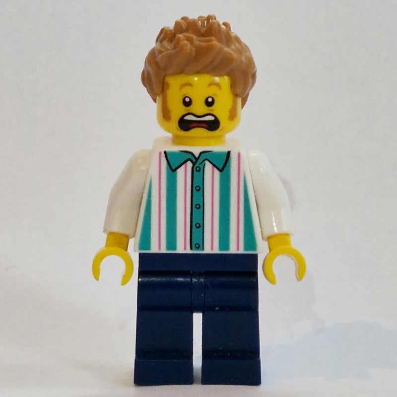 fig-013336 – Vendor, White and Dark Turquoise Striped Shirt, Medium Nougat Hair