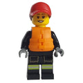 fig-013337 – Firefighter, Black Fire Suit, Orange Life Vest, Red Cap
