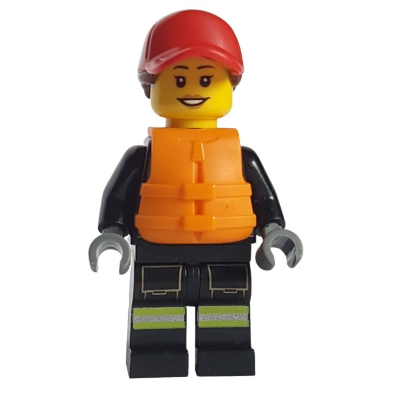 fig-013337 – Firefighter, Black Fire Suit, Orange Life Vest, Red Cap
