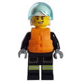 fig-013338 – Firefighter, Black Fire Suit, Orange Life Vest, White Helmet