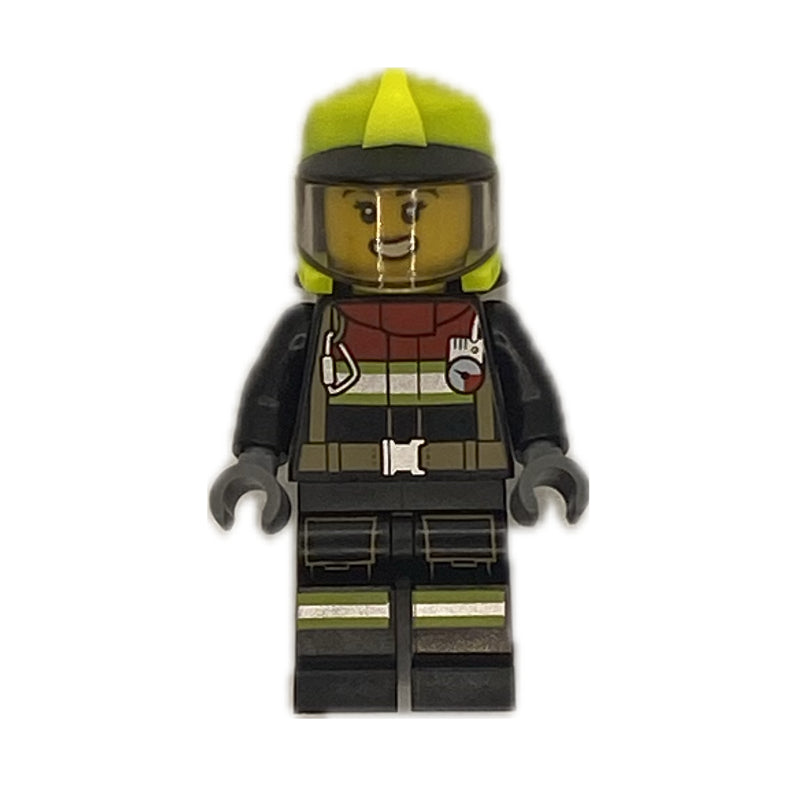 fig-013341 – Firefighter, Black Fire Suit, Vibrant Yellow Helmet with Visor