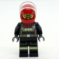 fig-013347 – Firefighter, Black Fire Suit, Red Helmet with Visor, Glasses