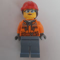 fig-013361 – Construction Worker, Orange Safety Jacket, Sand Blue Legs, Red Hard Hat with Ponytail