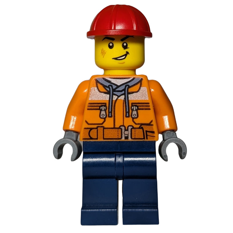 fig-013362 – Construction Worker, Orange Safety Jacket, Dark Blue Legs, Red Hard Hat