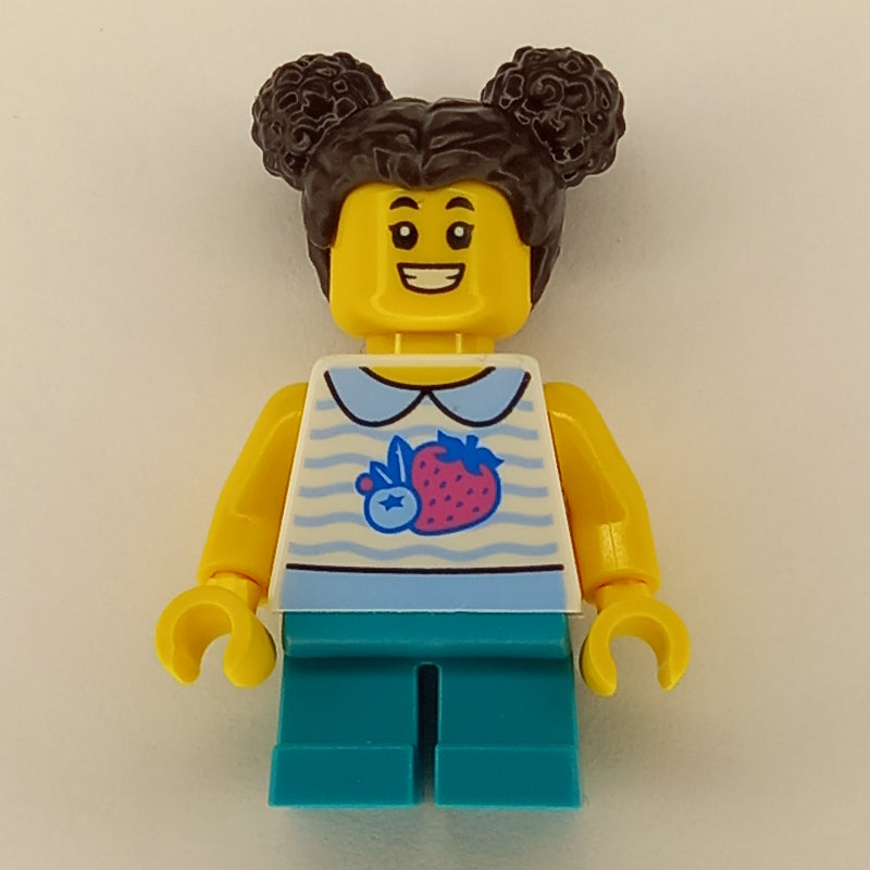 fig-013364 – Girl, White Vest, Short Dark Turquoise Legs, Dark Brown Hair
