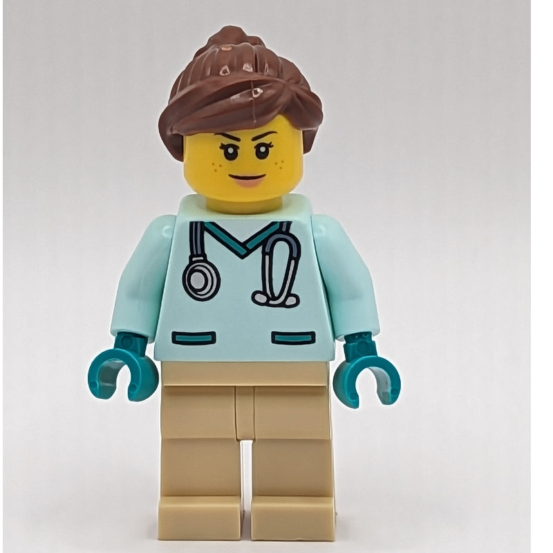 fig-013366 – Vet, Light Aqua Shirt, Tan Legs, Reddish Brown Ponytail