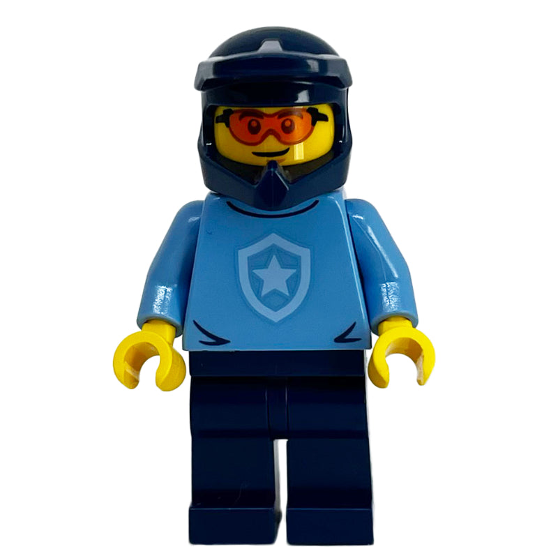 fig-013440 – Police Officer, Sweater with Police Badge, Dark Blue Helmet, Orange Glasses