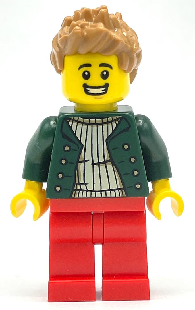 fig-013493 – Pizza Delivery Driver - Dark Green Torso, Red Legs, Medium Nougat Hair