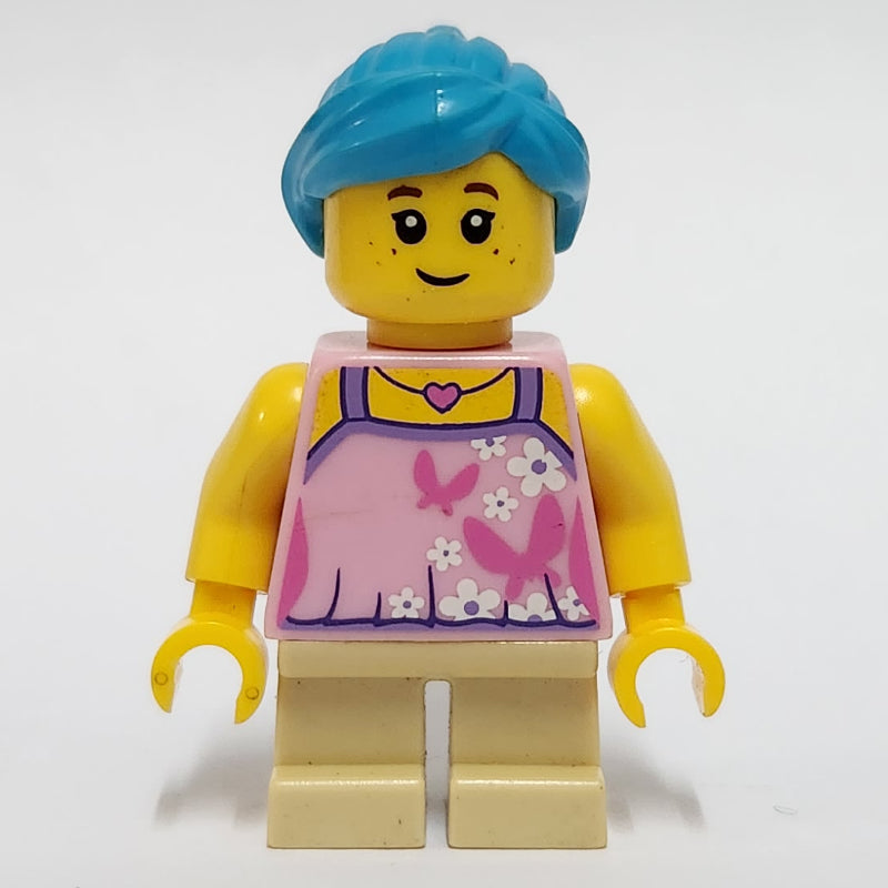 fig-013499 – Girl, Bright Pink Top, Short Tan Legs, Dark Azure Hair