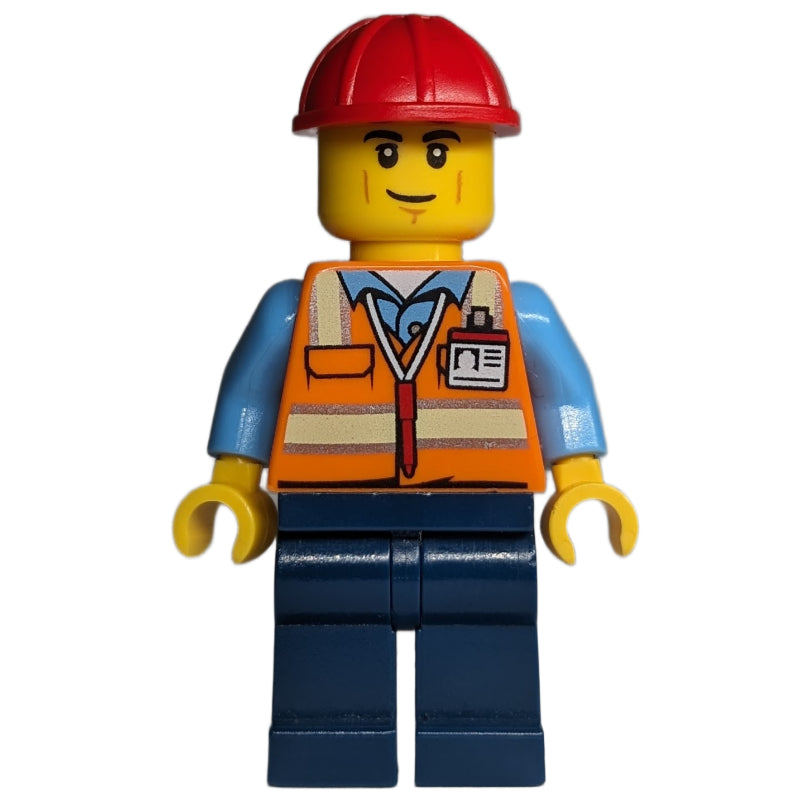 fig-013627 – Construction Worker - Orange Torso, Dark Blue Legs, Red Helmet, Smirk