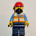 fig-013628 – Construction Worker - Orange Torso, Dark Blue Legs, Red Helmet, Black Bandana