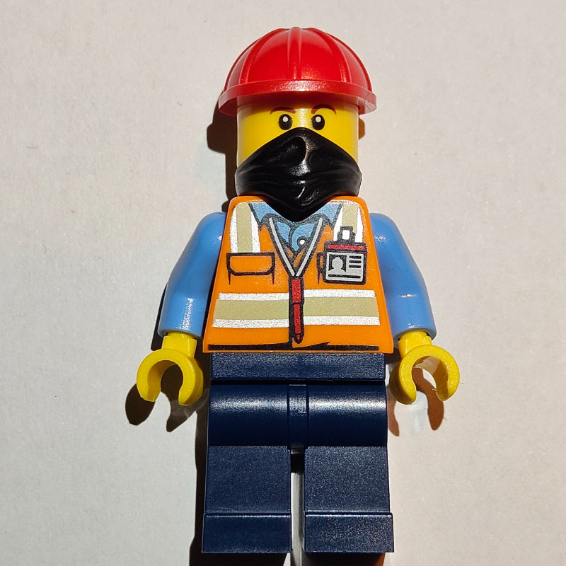 fig-013628 – Construction Worker - Orange Torso, Dark Blue Legs, Red Helmet, Black Bandana