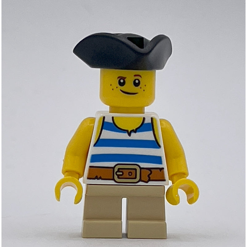 fig-013696 – Kid Pirate - Blue Striped Shirt, Tan Legs, Black Tricorne